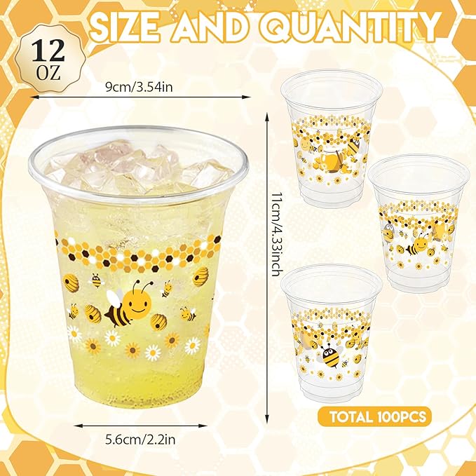 100 Pcs Bee Party Plastic Cups 12 oz Honey Disposable Drinking Cups Clear Cute Bee Theme Party Cups for Bees Baby Shower Birthday Parties Supplies