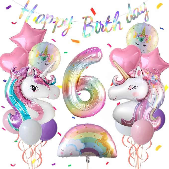 Pastel Rainbow Unicorn 6th Birthday Party Decorations, Pink Purple Balloon with Large Unicorn Helium Balloons for Girl Birthday Party Garden & Fairy Theme Spring Decor (number 6 set)