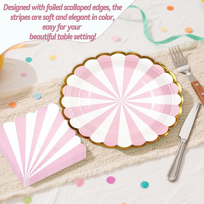 50PCS Pink Striped Paper Plates and Napkins Party Supplies, 7 inch Disposable Gold Foil Scalloped Dessert Plate Party Dinnerware Set for Birthday Wedding Bachelorette Baby/ Bridal Shower Decorations