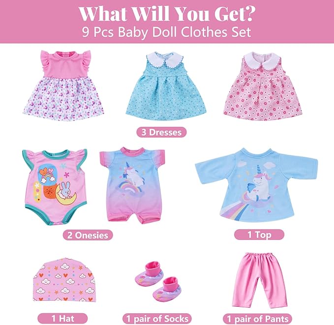 BABESIDE 6 Sets of Baby Doll Clothes for 12-16 Inch Dolls, Babydolls Clothes and Accessories Set with Hat Socks for Realistic Baby Dolls Girl