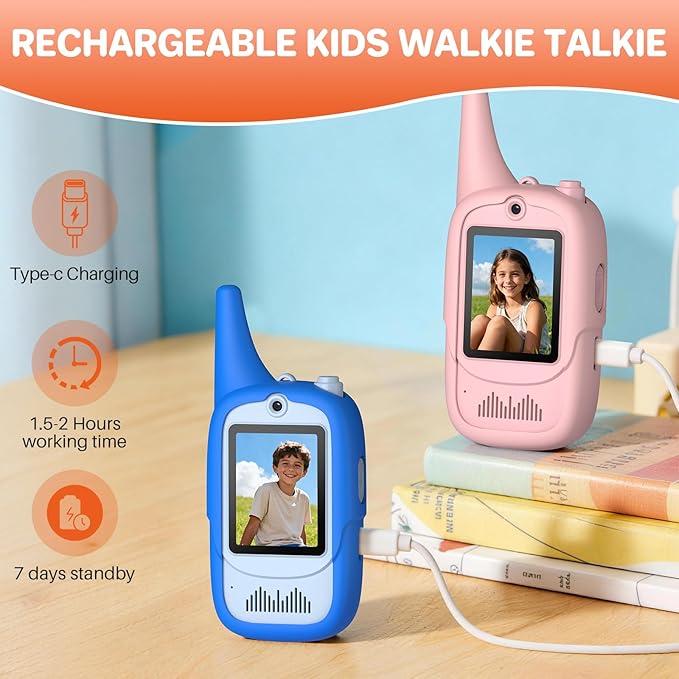 FUNYKICH 2PCS Video Walkie Talkies for Kids with Dinosaur-Themed Protective Case, Rechargeable Handheld Kids Video Intercom, Indoor Outdoor Toys for Games, Camping, Hiking for Boys Girls Ages 3-12