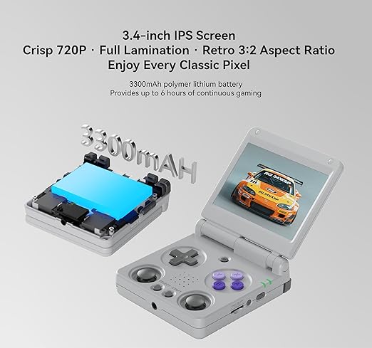Anbernic RG34XXSP Retro Gaming Console – Flip Design, 3.4'' IPS Screen 720×480, 64G TF Card with 5000+ Games, Portable Handheld, 3300mAh Battery, WiFi HDMI Bluetooth (Gray 64G)