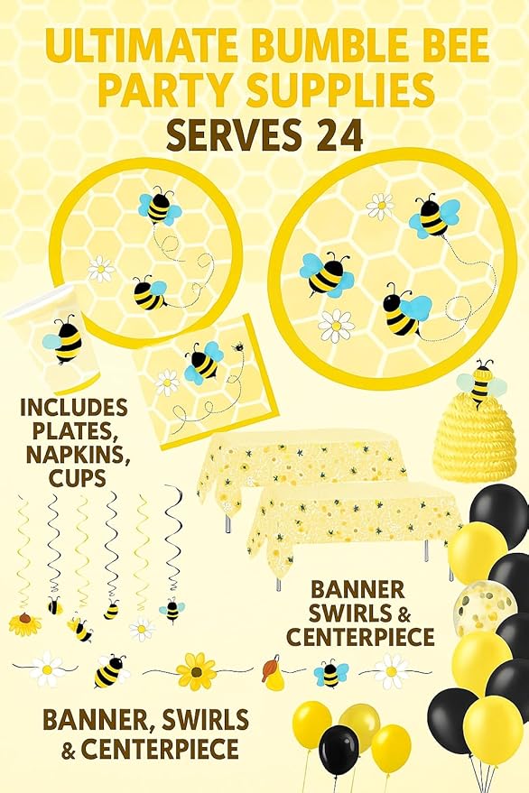 Serves 24 Ultimate Bumble Bee Party Supplies Includes Plates,Napkins,Table Covers,Balloons, Banner, Swirls, Centerpiece, Ideal for Birthday, Baby Shower, Bee Theme Party Decor