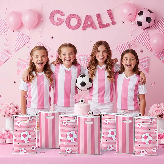 50Pcs Pink Soccer Party Favor Bags, Soccer Theme Plastic Candy Goodie Treat Gift Bag with Handles Football Team Sport Party Supplies Birthday Decoration Gift for Football Lovers