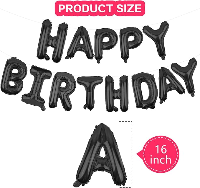 Happy Birthday Balloons Banner Black 16 Inch Mylar Foil Letters