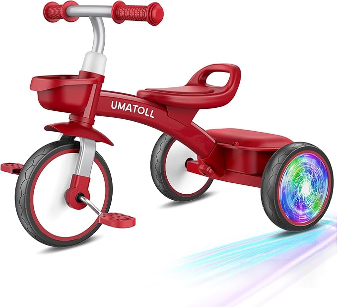 Umatoll Toddler Tricycle for 18 Month to 4 Year Old Boys Girls,Toddler Bike Toys with Adjustable Seat&Light-Up Wheels,Birthday Gift for Age 2-3 (Red)