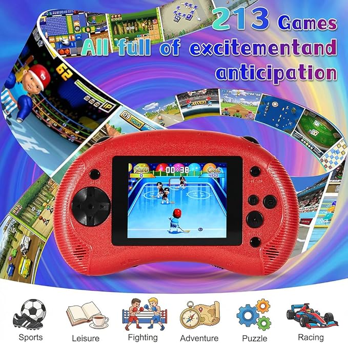 Handheld Game for Kids, 3.2" HD Screen with 213 Retro Video Games , Built-in Classic Game, Portable Travel Gaming Player with Rechargeable Battery, Electronic Toy Gift for Boys Girls Ages 4-12 (Red)