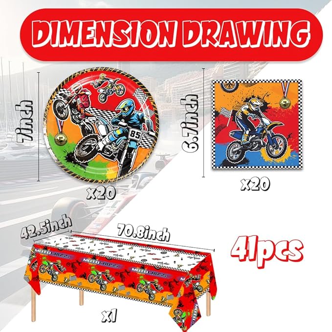 41pcs Dirt Bike Party Supplies ,include 20 Plates, 20 Napkin and 1pcs Tablecloth,Used for Motocross Dirt Bike Birthday Party Decoration (Orange Dirt Bike)