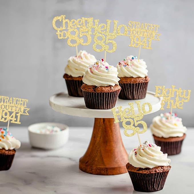 Ephlyn 24Pcs 85th Birthday Cupcake Toppers Glitter Straight Outta 1941 Cupcake Picks Hello 85 Cheers to 85 Years Cake Decorations for 85th Birthday Anniversary Party Decorations Supplies Gold