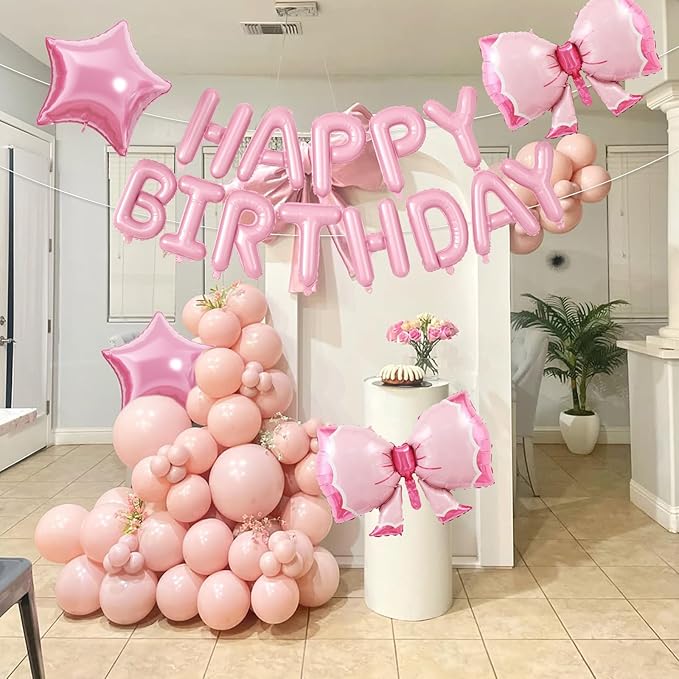 29PC Bow Happy Birthday Balloon Banner, 16Inch 3D Aluminum Letter Banner Sign, White Pink Printed Balloon 18 Inch Pink Star Foil Balloons for Bow Birthday Party Decorations