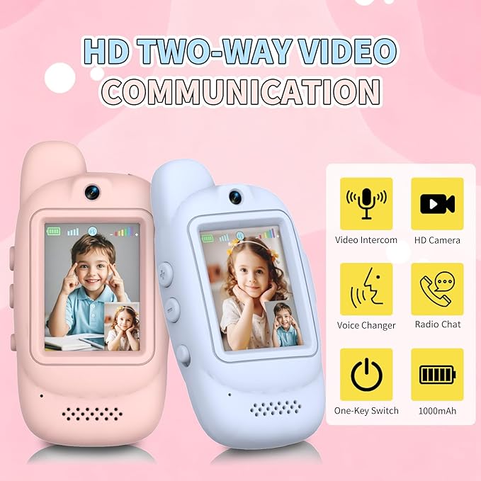 Video Walkie Talkies for Kids, Handheld 2 Pack Rechargeable Kids Video walkie talkies,Long Range Ideal for Family Games, Outside, Camping, Hiking (Pink & Blue A)