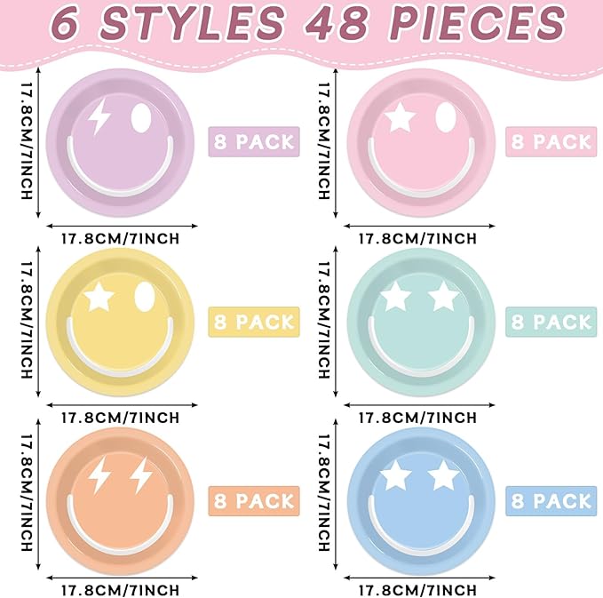 48Pcs Pastel Smile Face Party Supplies Pastel Smile Face Paper Plates 7" Colorful Preppy Dessert Plates Preppy Party Decorations for Kids Birthday Baby Shower Favors Serves 48 Guests