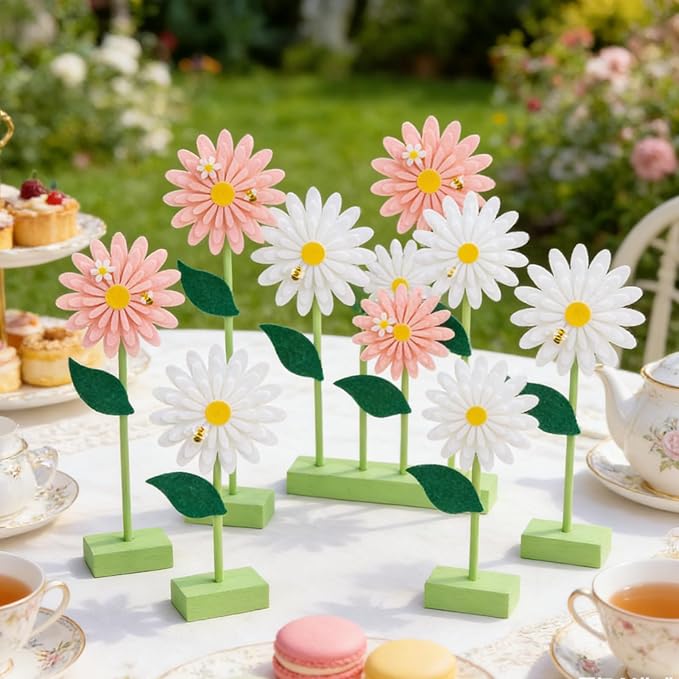 SUNBEAUTY 8PCS Daisy Felt Centerpieces for Tables Pink White Flower Birthday Party Daisy Birthday Decorations Spring Floral Table Centerpieces for Girl Birthday Baby Shower Garden Easter Party