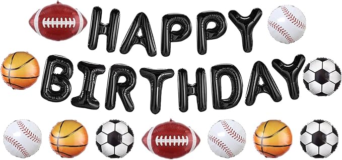 Sports Birthday Party Decorations Football Basketball Baseball Soccer Balloons, Aluminium Foil Happy Birthday Banner Sports Themed Party Supplies for Boys Kids