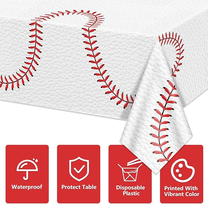 Baseball Tablecloth - Baseball Pattern Table Covers Plastic Waterproof Decorations for Game Day Sports Theme Party Supplies, 4 Pack, 51'' x 86''