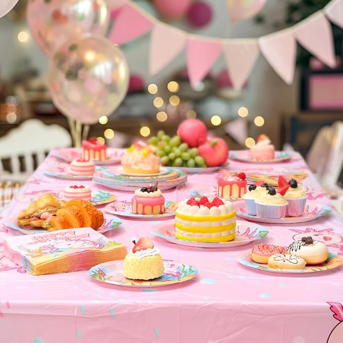 Zhehao 101 Pcs Axolotl Birthday Party Decorations Set for Girls, Pink Axolotl Reptile Animals Theme Party Supplies Includes 50 Paper Plates 50 Napkins 1 Tablecloth for Birthday Baby Shower