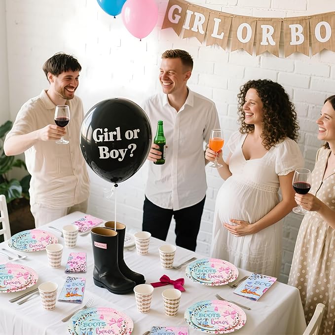 180Pcs Boots Bows Gender Reveal Birthday Party Supplies Serves 60，Gender Reveal themed Party Paper Plates and Napkins Set for Baby Shower Cowboy Boy or Girl Birthday Party Decorations.