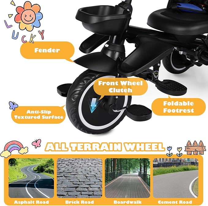Folding Kids Tricycle, 8 in 1 Toddler Trike W/Removable & Adjustable Canopy, Parent Handle, 5-Piont Harness, Toddler Bike Tricycle for Kids 1-6 Years, EVA Wheels, Storage Basket, Blue