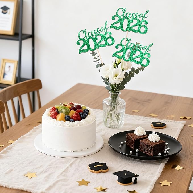 Green Class of 2026 Double-sided Graduation Table Centerpieces, 12 Pcs Grad Party Decorations with Sticks, Graduation 2026 Party Supplies for Table Decor