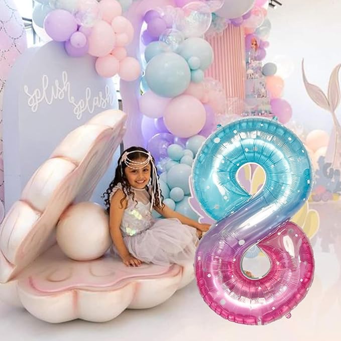 Purple Teal Number 8 Balloons, 40 Inch Giant Mermaid Starry Mylar Foil Number 8 Ballon for Girls, Self Inflating 8th Birthday Helium Balloon for Women 8th Anniversary Party Decorations Supplies