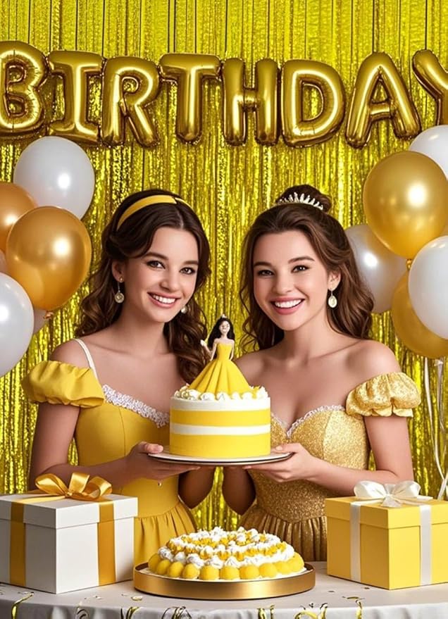 Gold Birthday Party Decorations Beauty Booth Photo Backdrop Curtain Streamers Tinsel Accessories 50th Happy Anniversary 2 Pack