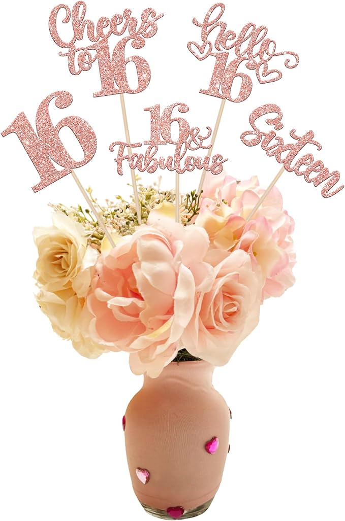 15PCS Happy 16th Birthday Centerpiece Sticks Sixteen Hello 16 Cheers to 16 Table Flower Centerpieces Sticks 16 Fabulous Floral Decorations for Happy 16th Birthday Party Centerpieces Rose Gold