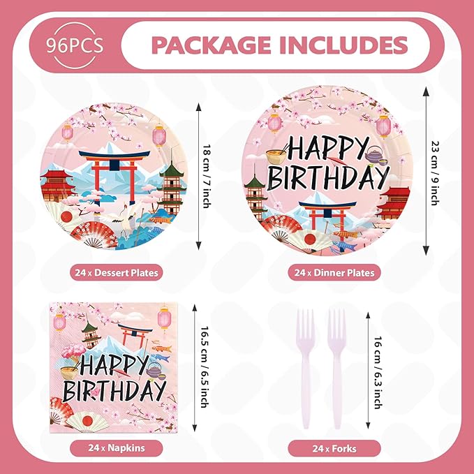 96 Pcs Hibachi Party Decorations Japanese Cherry Blossom Birthday Party Supplies Disposable Pink Hibachi Paper Plates Tableware for Birthday Hibachi Japanese Party Decorations Serves 24