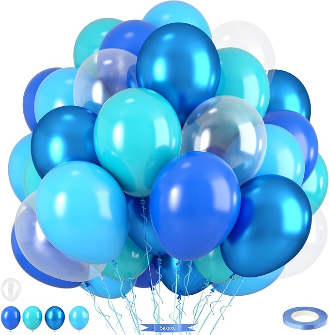 Ocean Balloons, 12 Inch Dark Light Blue Teal Clear Pearl Transparent Metallic Latex Balloons for Boys Girls Ocean Themed Party Decorations Sea Theme Pool Party Baby Shower Beach Backdrop Supplies
