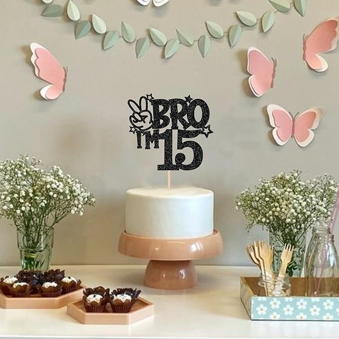 1 PCS Brother I'm 15 Cake Topper Glitter Star Happy 15th Birthday Cake Pick Bro I'm 15 Cake Decoration It's My 15th Birthday Decorations for Boys Cheers to 15 Years Old Birthday Party Supplies Black