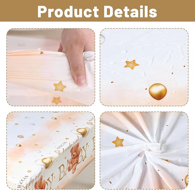 3PCS Bear Baby Shower Tablecloth, We Can Bearly Wait Teddy Bear Tablecloth Boho Brown Balloon Star Plastic Table Cover for Kids Birthday Party, Gender Reveal, Baby Shower, 51.2X 86.6inch