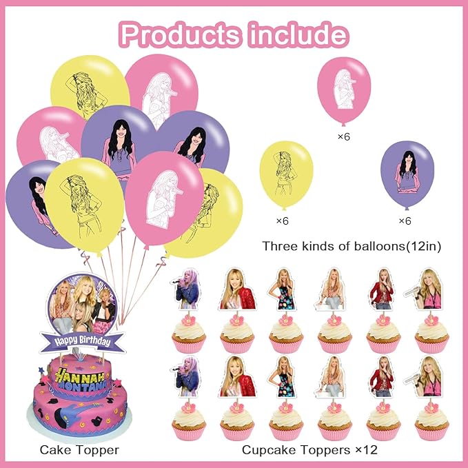 DOSSEL Hannah Singer Montana Music Theme Birthday Party Supplies Includes Birthday Banner, Cupcake Toppers, Cake Topper, Latex Balloons for Kids Adults Fans Party Decor