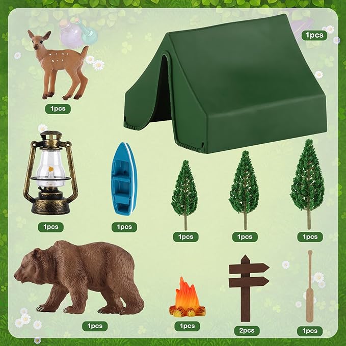 Hooqict 12 Pcs Camping Cake Decorations Set with Mini Tent, Campfire, Tree, Camp Sign, Safari Animals Camping Cake Toppers for Kids Adults Forest Themed Birthday Party Supplies
