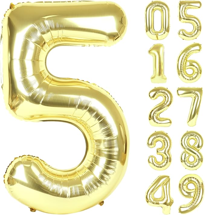 Light Gold 40 Inch Large Number 5 Birthday Balloon, Five 5th 15 25 35 50 55 Birthday Celebration Decorations, Champagne Gold Foil 5 Mylar Helium Balloons Girl Boy Anniversary Party Supplies
