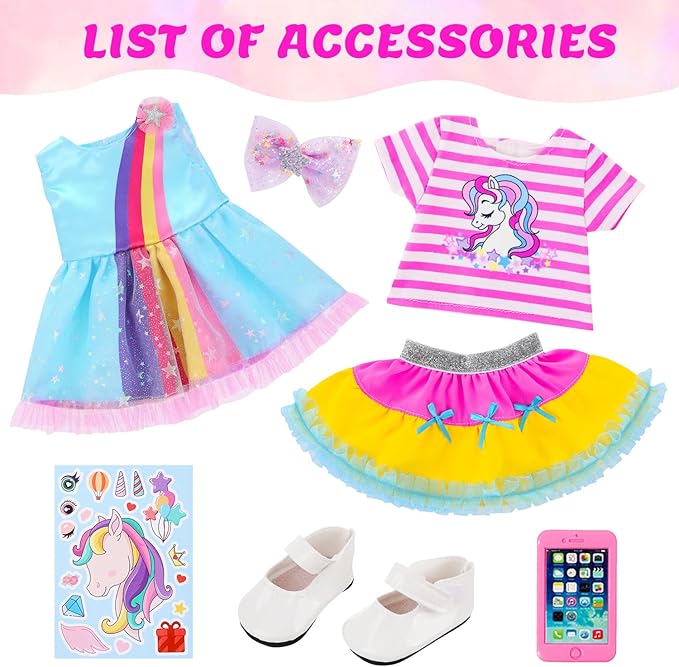 18 Inch Amercian Doll Clothes, 2 Set Girl Doll Clothes and Accessories for 18 Inch Dolls 7 Pcs Include Dress, Hair Clip , Phone, Shoes, Sticker, Top and Mini Skirt