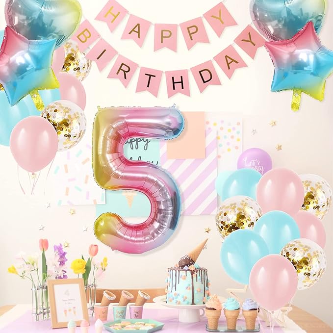 5th Birthday Decorations for Girls - Gradient Color Age 5 Balloons With Happy Banner for Baby Showers, Fifth Party Supplies for Girls Boys (5th-Birthday)
