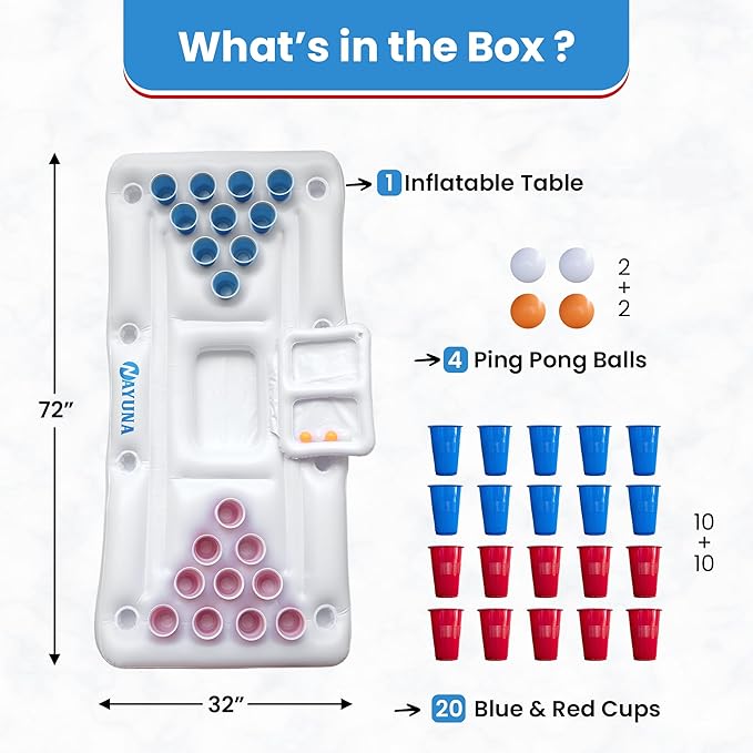 NAYUNA Floaty with Cooler & 20 Party Cups - Inflatable Pool Table Summer Party Pool Games Accessories for Adults 6 Feet Inflatable Pool Lounge Float, 4 Ping Pong Balls, 20 Cups