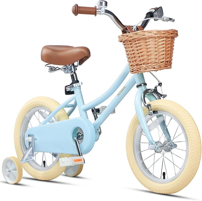 Petimini Vintage Kids Bike for Girls, 12–20 Inch Classic Bicycle with Wicker Basket & Bell, High Tensile Steel Frame, Training Wheels (12–18”), 85% Pre-Assembled, Retro Bike for Outdoor Riding