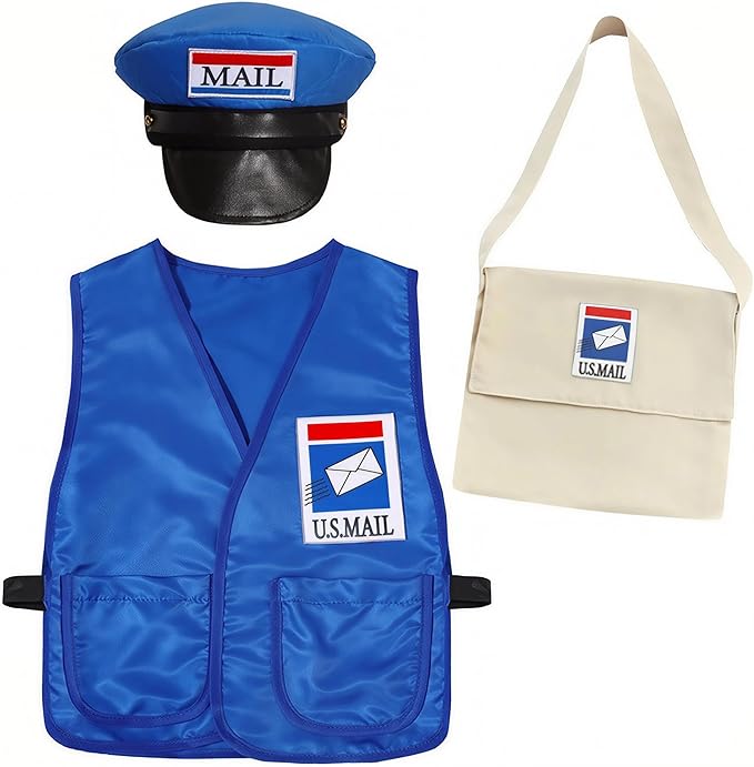 Mailman Costume Set Postal Costume for Kids Hallowen Dress up Party Pretend Play Outfit for Boys Girls