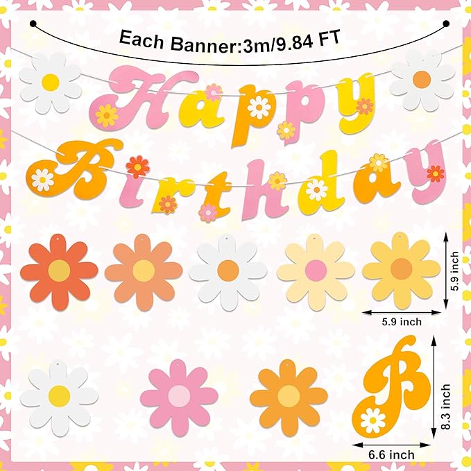 26 PCS Groovy Party Banners Boho Happy Birthday Decorations Daisy Flower Hanging Swirls Retro Hippie Ceiling Streamers for Two Groovy Retro Party Supplies