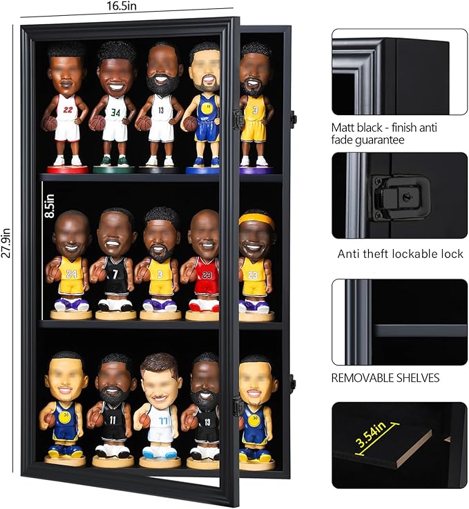 Bobblehead Display Case Action Figure Display Case Bobble Head Shadow Box Wall Cabinet for 15 Figurines Display with Lockable Anti Fade Uv Protection for Bobble Heads, Action Toy Figures, Black