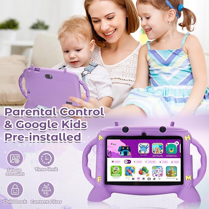 Kids Tablet, 7 inch Tablet for Kids 2-10, Educational Learning Toddler Tablet Android 11, 3GB RAM+32GB ROM Storage, Google Play YouTube, Baby Girl boy Present（Purple）