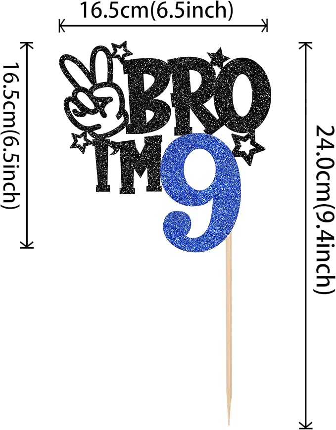 1 PCS Brother I'm 9 Cake Topper Glitter Star Happy 9th Birthday Cake Pick Bro I'm 9 Cake Decoration It's My 9th Birthday Decorations for Boys Cheers to 9 Years Old Birthday Party Supplies Blue