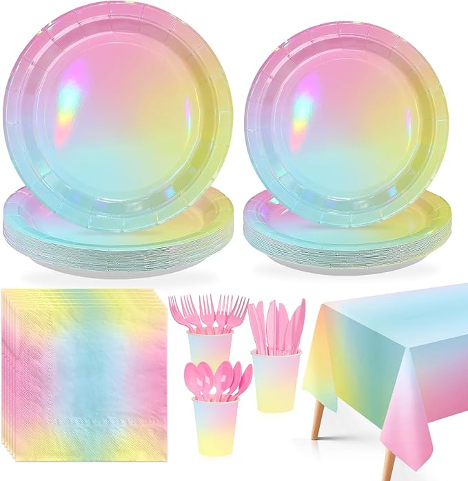 170pcs Pastel Rainbow Birthday Party Supplies Iridescent Pastel Plates and Napkins Cups Forks Tableware Sets for Girls Baby Shower Sprinkle Unicorn Theme Party Favors Serves 24