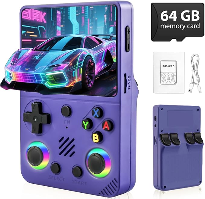 RG36PRO Retro Video Game Console - Open Source System,3.5"IPS Screen,64G TF card,3000mAh Battery,Support 30,000+ Classic Retro Video Games for Teen or Partner - Gift for Christmas - Purple