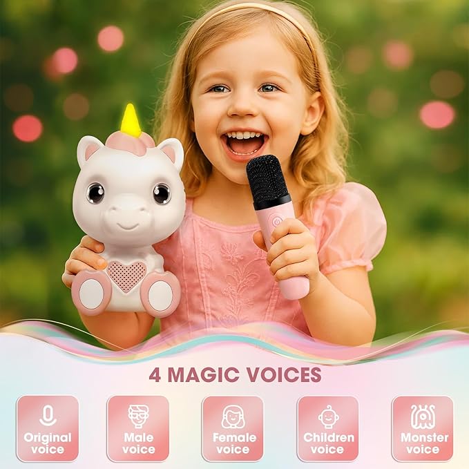 Mini Karaoke Machine for Kids - Unicorn Portable Bluetooth Speakers with 2 Wireless Mic and LED Light, Toddler Karaoke Machine for Girls 3-5 6 8-12 Year Old, Unicorn Birthday Gifts Toys Pink
