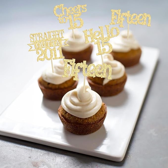 Ephlyn 24Pcs 15th Birthday Cupcake Toppers Glitter Straight Outta 2011 Cupcake Picks Hello 15 Cheers to 15 Years Cake Decorations for 15th Birthday Anniversary Party Decorations Supplies Gold