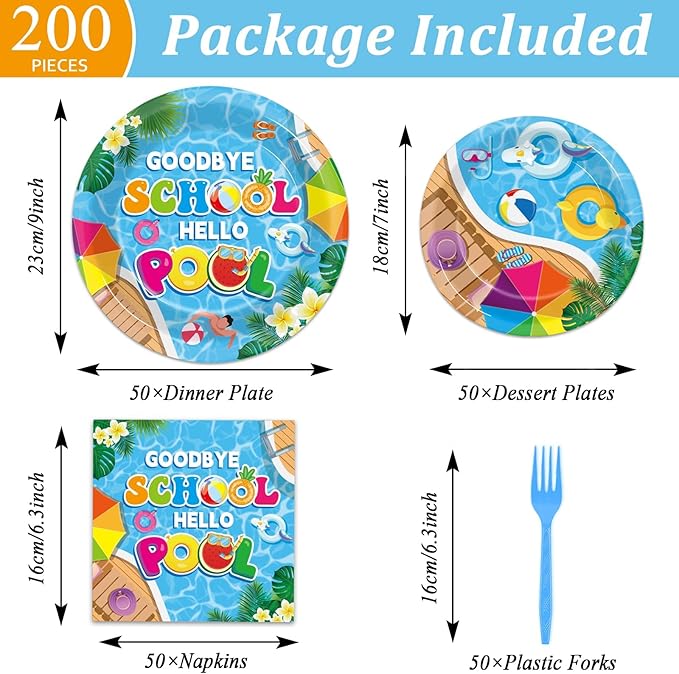 200pcs Goodbye School Hello Pool Plates Napkins End of School Year Party Tableware Set School's Out Disposable Decoration Summer Pool Dessert Plates Serve 50 Guests for Birthday Party Supplies