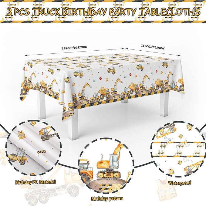 3PCS Truck Plastic Birthday Party Tablecloths Construction Disposable Table Cloth Yellow Dump Truck Themed Table Cover for Kids Boy Parties Baby Showers Supplies