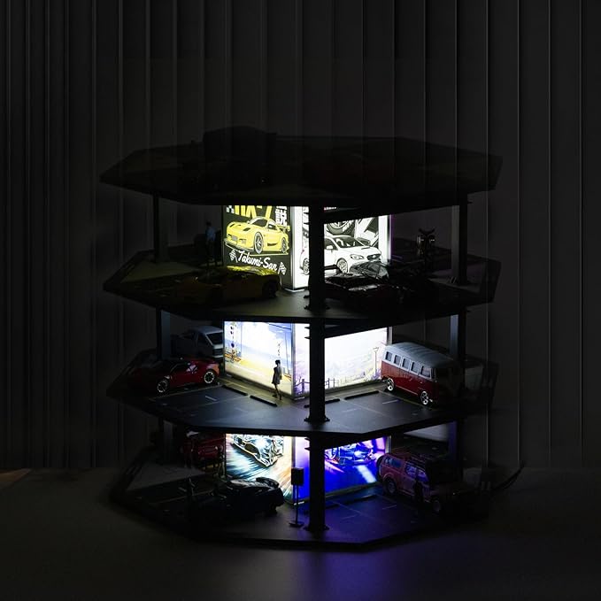 1/64 Scale Octagonal Building Style Display Case Car Garage Moldel with LED Light and Diecast Car Show Case 48 Parking 4th Floor