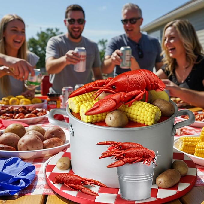 13 Pcs Crawfish Boil Party Supplies Fake Crawfish Party Decorations Lobster Cake Toppers Plastic Crayfish Potato Corn Metal Pail for Lobster Theme Birthday Festival Potluck
